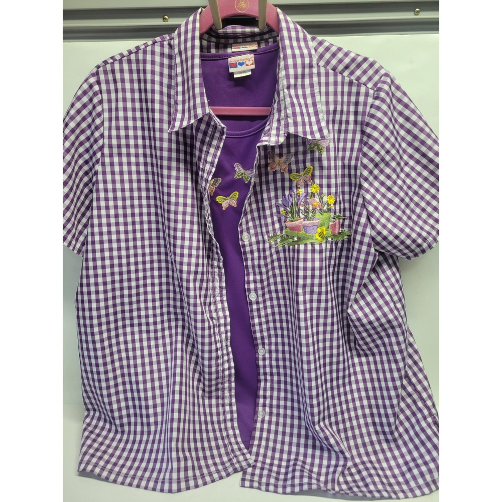 American Sweetheart Purple Gingham Embroidered Butterfly 2pc Shirt Tank Set XL